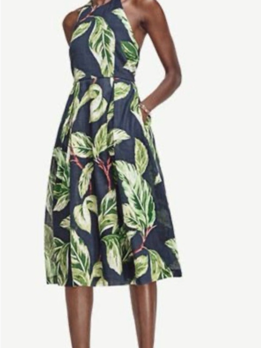Ann Taylor Navy Halter Midi Dress with Green Leaf Print